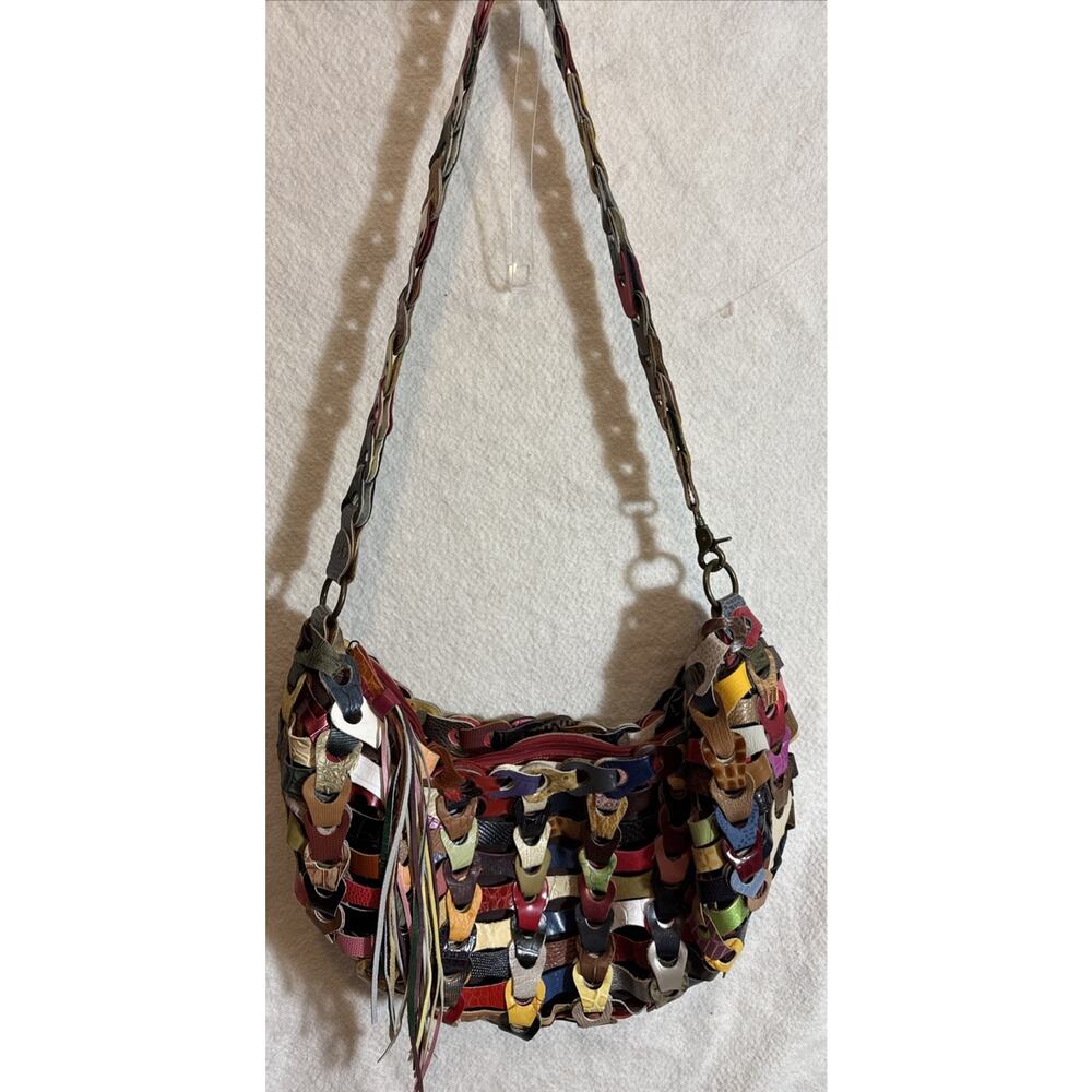 Vintage Jesslyn Blake Boho Chic Leather Multi Color Links Large Shoulder Bag